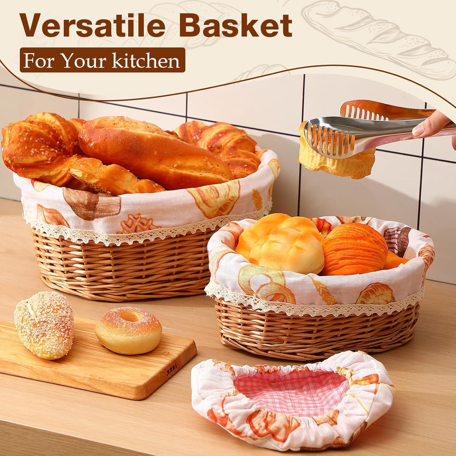 2 Sets Wicker Bread Basket for Serving Set 11 and 12 Inch Sourdough Proofing Woven Bread Baskets with Removable Liner and Tong Fruit Storage Container for Fall Thanksgiving Party(Food Style) - Image 5