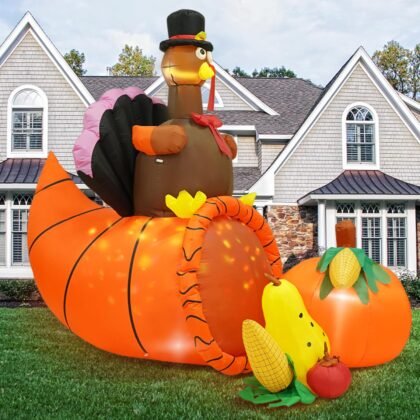 Inflatable Turkey Yard Decorations Thanksgiving Inflatables, 7FT Long Giant Blow up Turkey on Cornucopia with Built-in LED Rotating Lights, for Fall Lawn Party Holiday Decorations Outdoor
