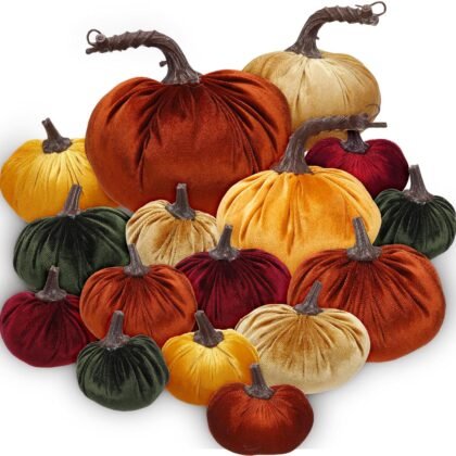 Soaoo 16 Pcs Velvet Pumpkin for Decorating Fall Table Assorted Faux Rustic Harvest Velvet Thanksgiving Fall Fake Artificial Pumpkin Decoration(Vivid Color,Multi)