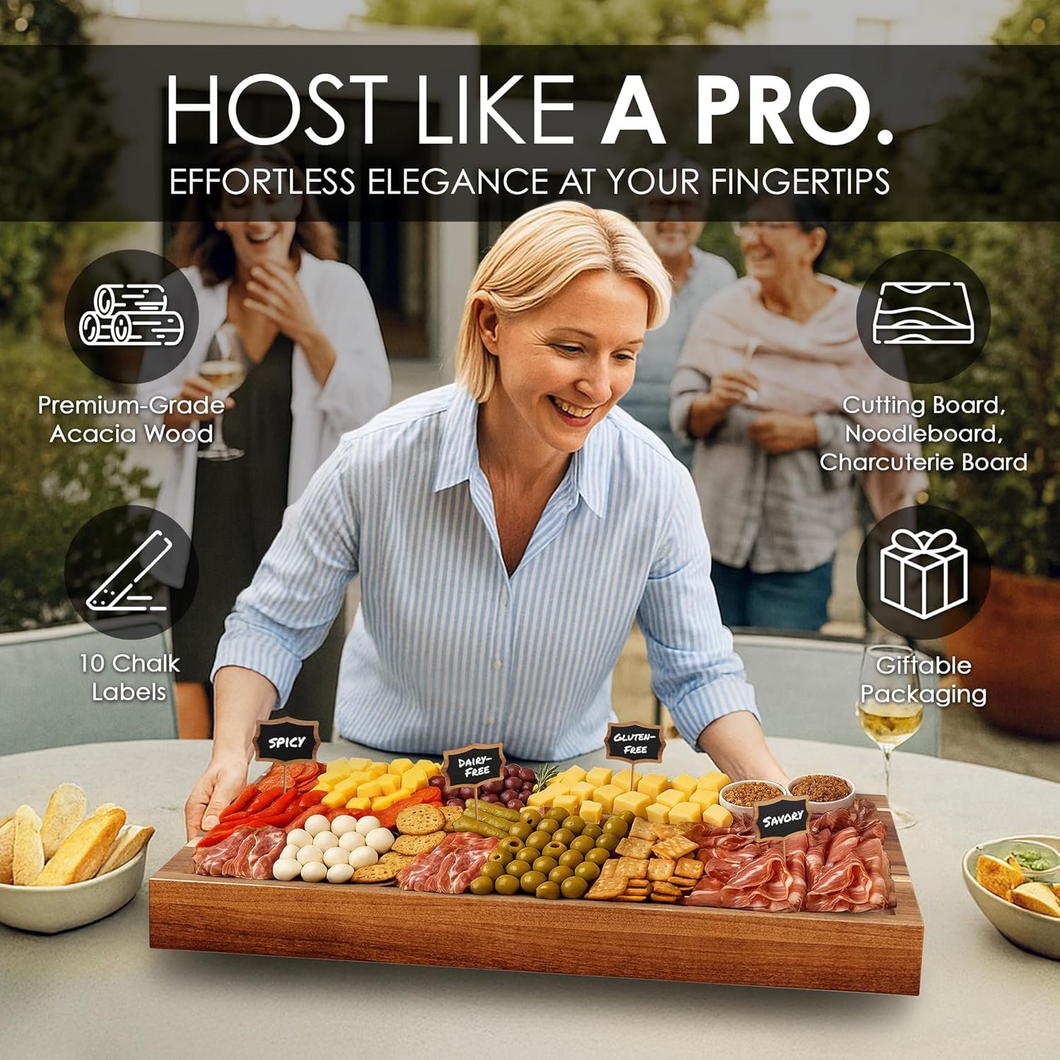 33"x 24" EXTRA LARGE Acacia Wood Cutting Board for Kitchen w/Juice Grooves, Tray Handles, Gift Box, Butcher Block, Serving & Charcuterie Tray, 10 Chalkboard Labels w/Chalk Pens - Image 4