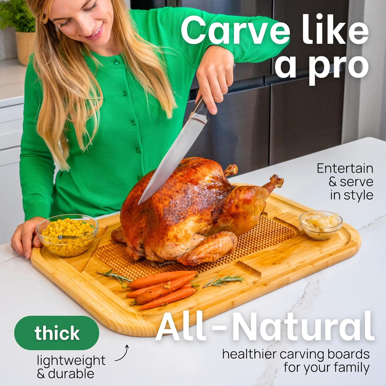 GREENER CHEF 24 Inch 2XL Organic Meat Carving Board with Lifetime Replacements - Wooden Butcher Block with Pour Spout, Turkey Platter for Holidays, Meat Cutting Board - Image 3