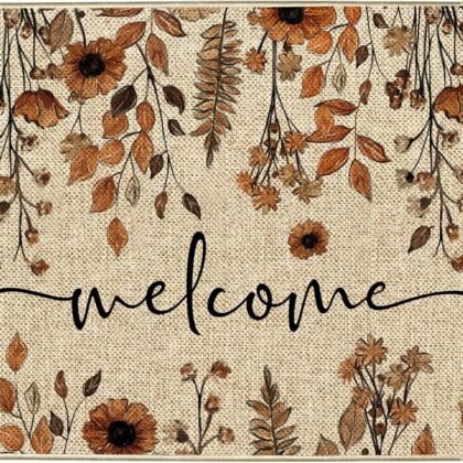 Fall Brown Floral Welcome Doormat Daisy Door Mats 17 x 29 Inch, Autumn Seasonal Farmhouse Non-Slip Entrance Mat Low Profile Front Doormats Kitchen Floor Rug Decor for Indoor Outdoor