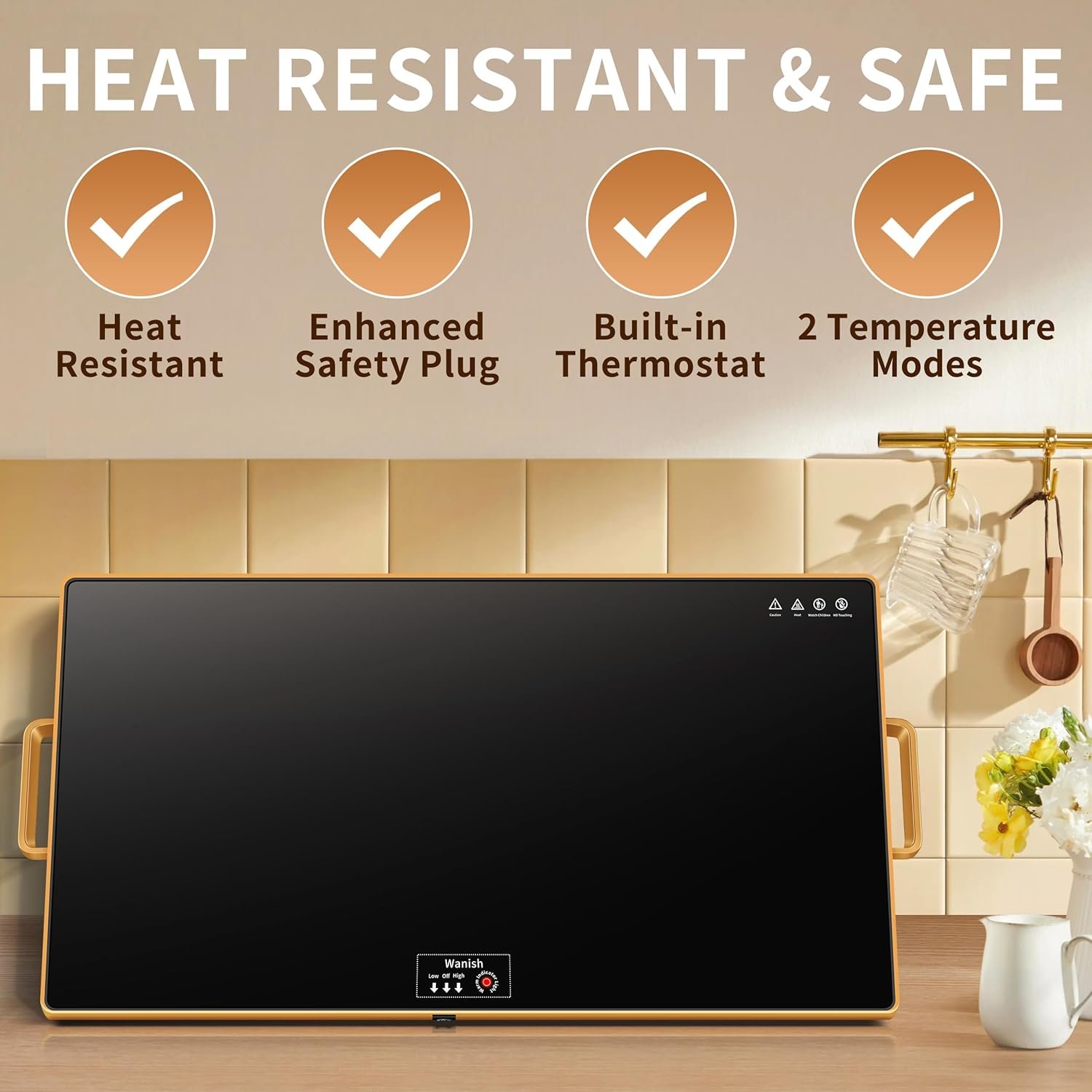 Electric Warming Tray (XXL 32”x18”),Food Warmers for Parties Buffet with Thermostat & Full Surface Heating, Tempered Glass Warming Mat for Food, Temperature Adjustable Gold Handles Food Warming Mat - Image 7