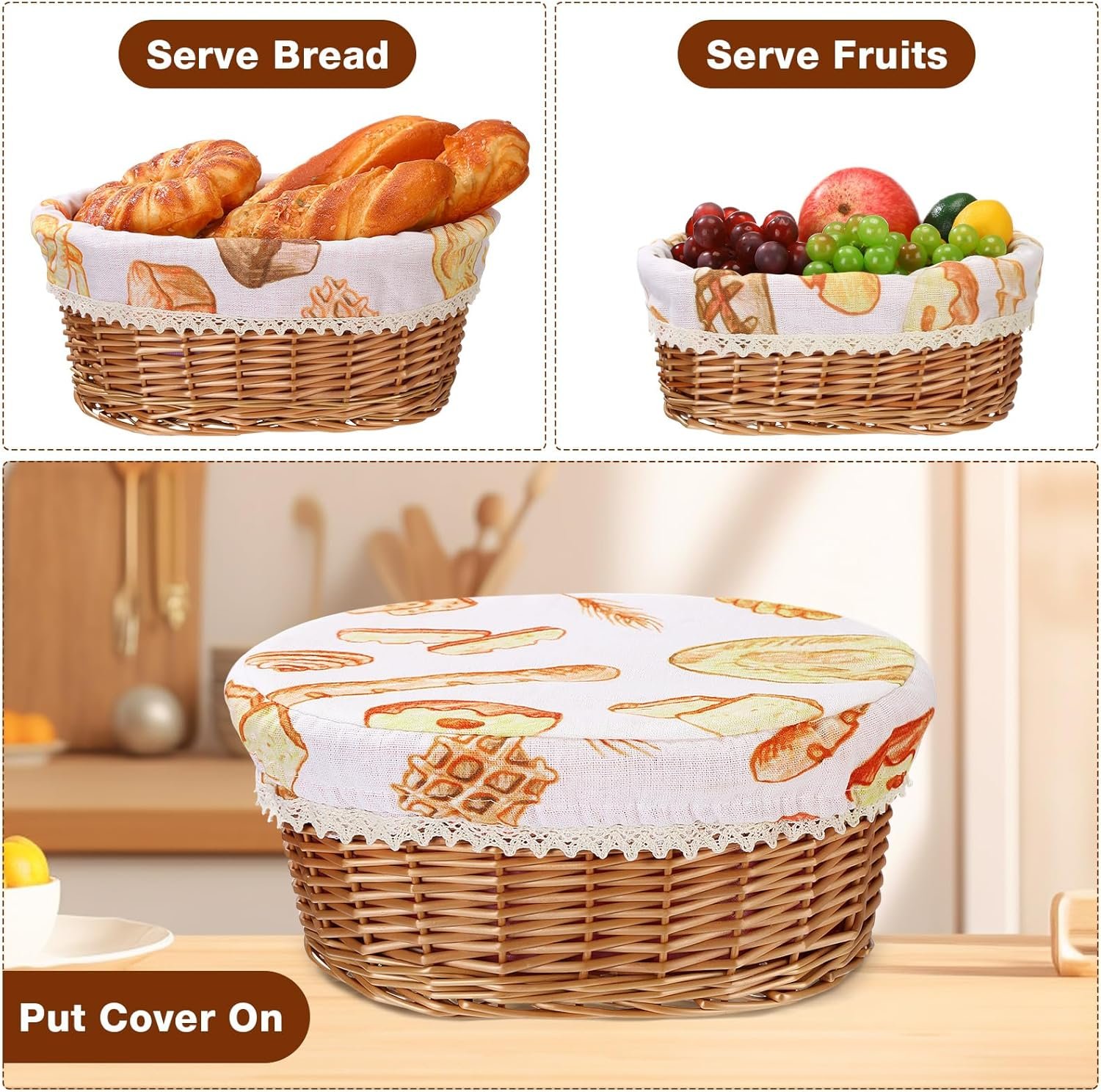 2 Sets Wicker Bread Basket for Serving Set 11 and 12 Inch Sourdough Proofing Woven Bread Baskets with Removable Liner and Tong Fruit Storage Container for Fall Thanksgiving Party(Food Style) - Image 3
