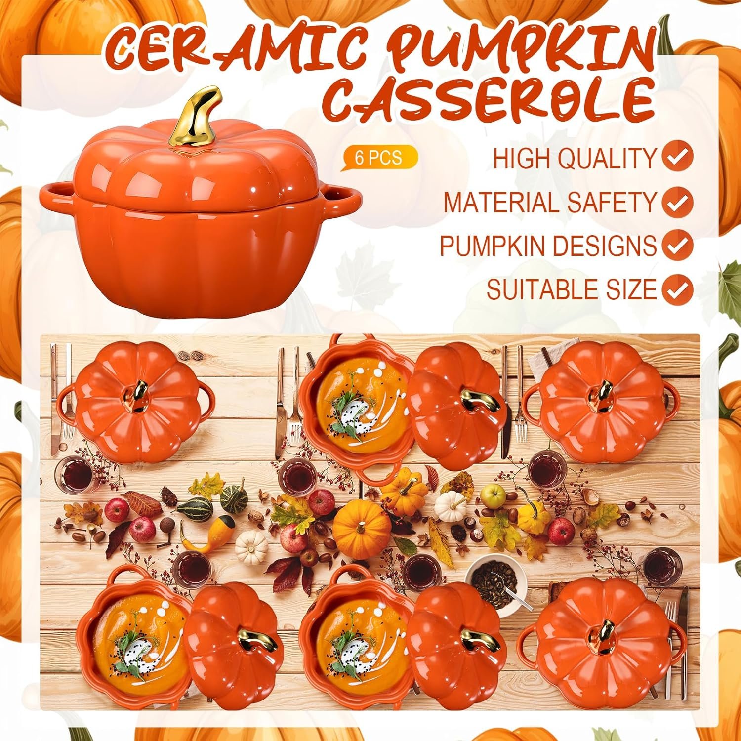 Yaomiao 6 Pcs Pumpkin Ceramic Bowl 15 oz Pumpkin Soup Bowl Pumpkin Shape Storage Jar with Lid and Handles for Home Halloween Party Kitchen Tableware(Orange) - Image 2