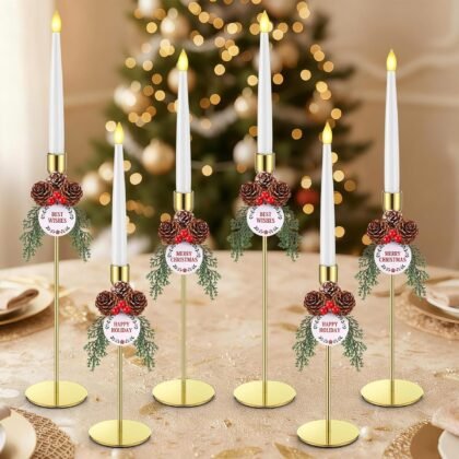 Dandat 2 Sets/6 Pcs Christmas Gold Metal Taper Candle Holders Vintage Brass Pillar Tall Candlestick Holders with Paper Tags Berries and Pinecones Christmas Centerpiece for Table Fireplace Mantel