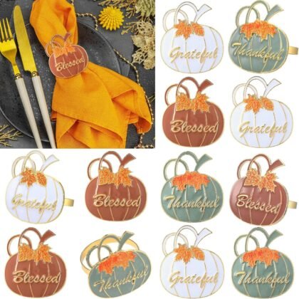 WILLBOND 12 Pcs Thanksgiving Pumpkin Napkin Rings Pumpkin Maple Leaf Napkin Rings for Thanksgiving Halloween Table Decorations, Fall Banquet, Holiday Dinner Party