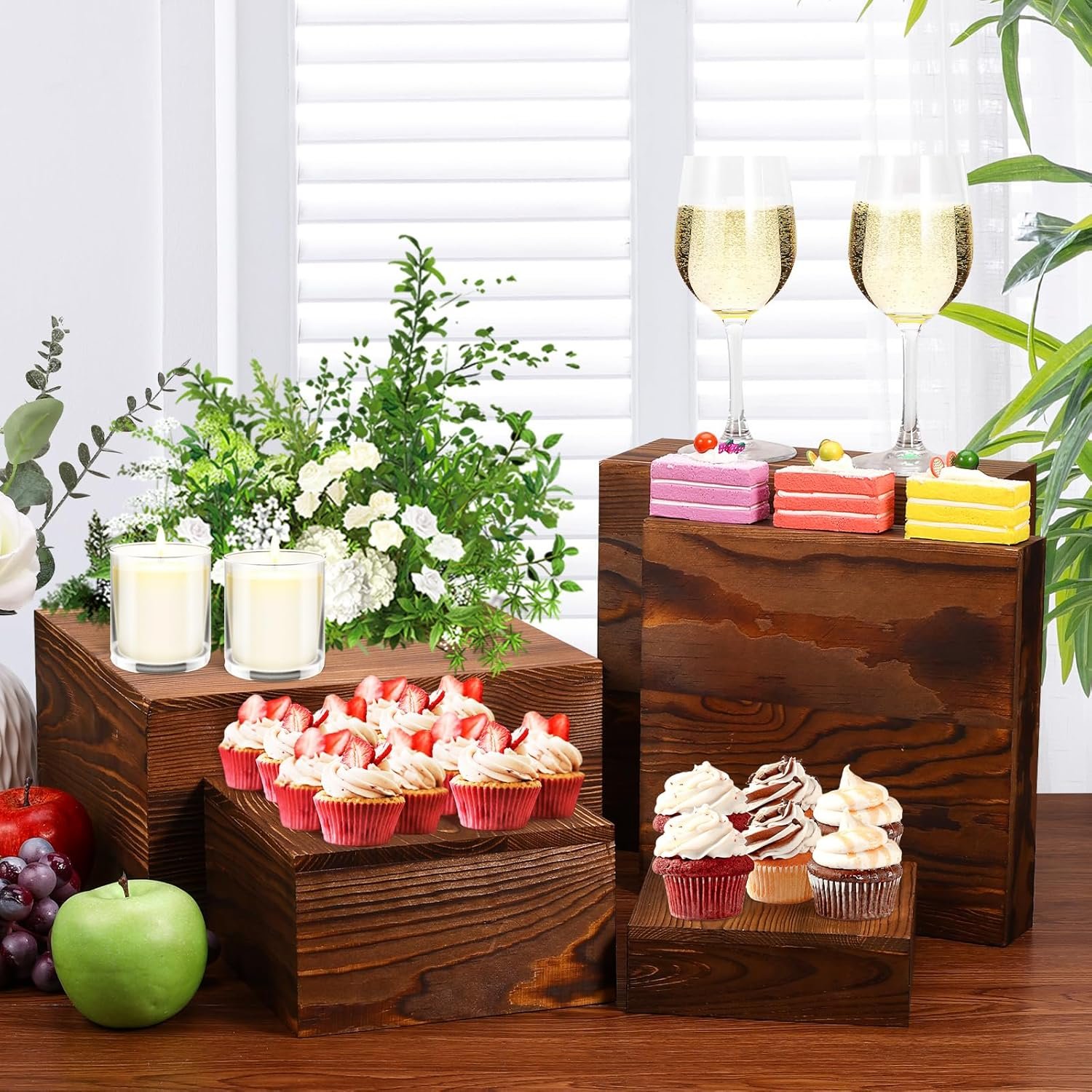 6 Pack Wooden Risers Display Stands Rustic Wood Cake & Cupcake Stands for Party Square Food Risers for Buffet Wooden Crates for Display Home Decor - Image 4