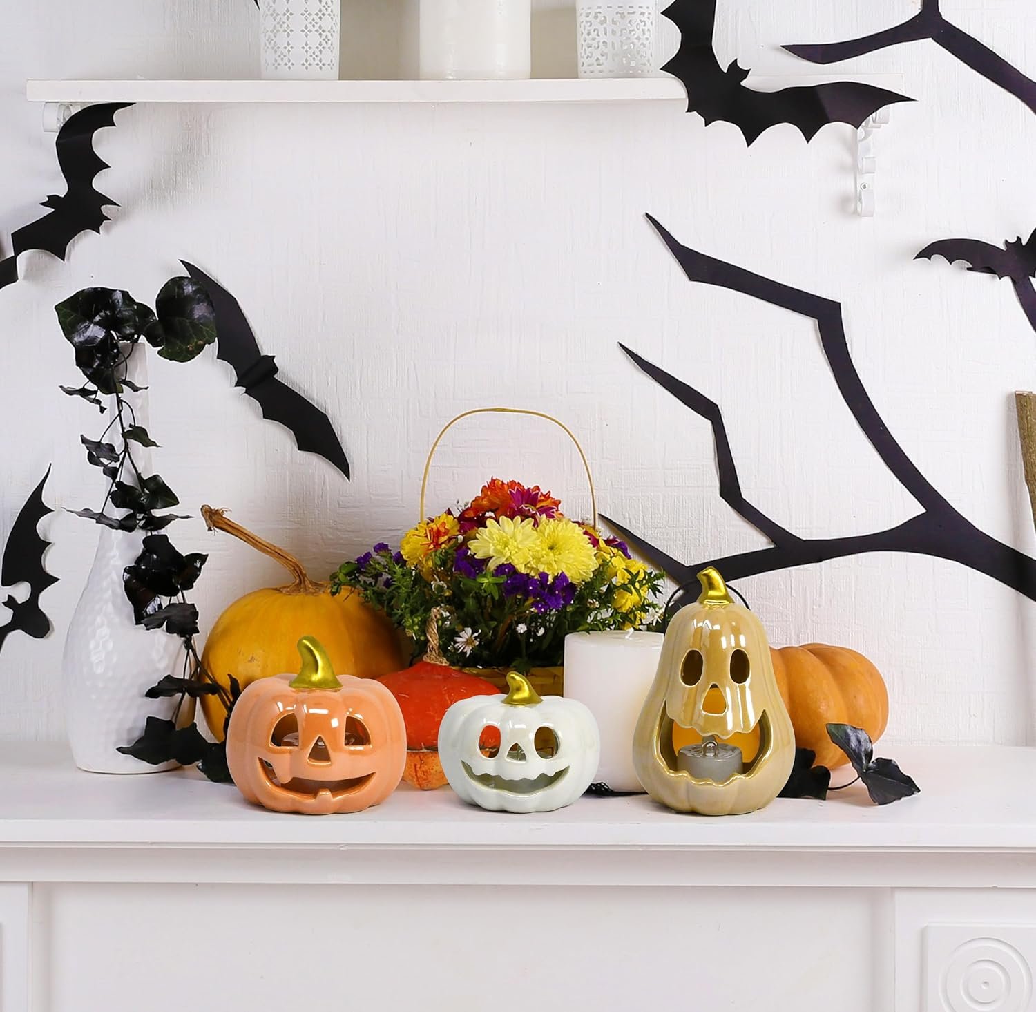 Halloween Ceramic Pumpkin Tea Light Holder Set of 3 Jack O Lanterns Pumpkins Spooky Sculptures Tabletop Decor for Home Holiday Party Decorations - Image 6