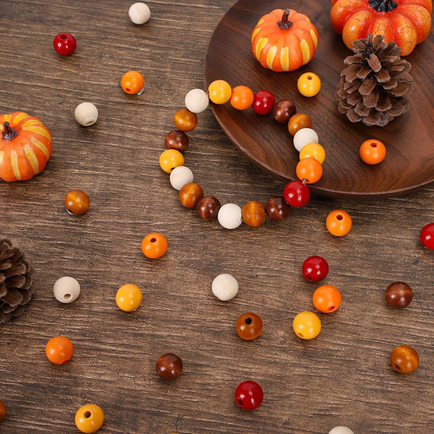 Whaline 240Pcs Fall Thanksgiving Wood Beads Colorful Autumn Red Orange Yellow Round Spacer Beads with Holes Round Loose Beads for Autumn Tiered Tray Garland DIY Crafts Farmhouse Home Decor - Image 5
