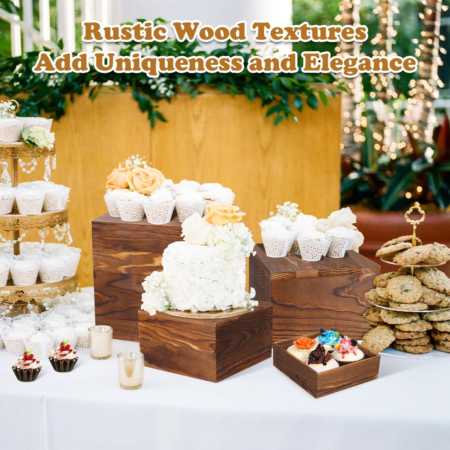 6 Pack Wooden Risers Display Stands Rustic Wood Cake & Cupcake Stands for Party Square Food Risers for Buffet Wooden Crates for Display Home Decor - Image 6