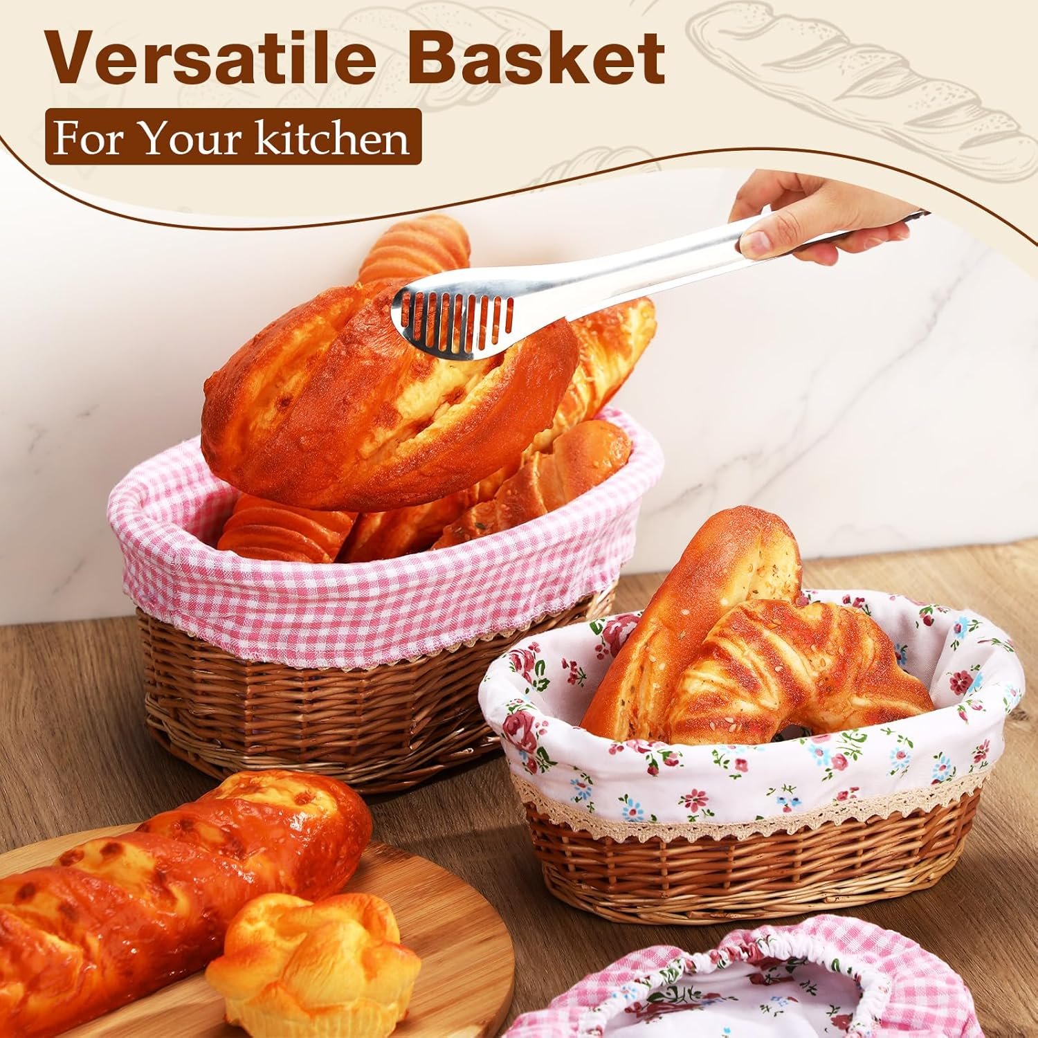 2 Sets Wicker Bread Basket for Serving Set 11 and 12 Inch Sourdough Proofing Woven Bread Baskets with Removable Liner and Tong Fruit Storage Container for Fall Thanksgiving Party(Fresh Style) - Image 6