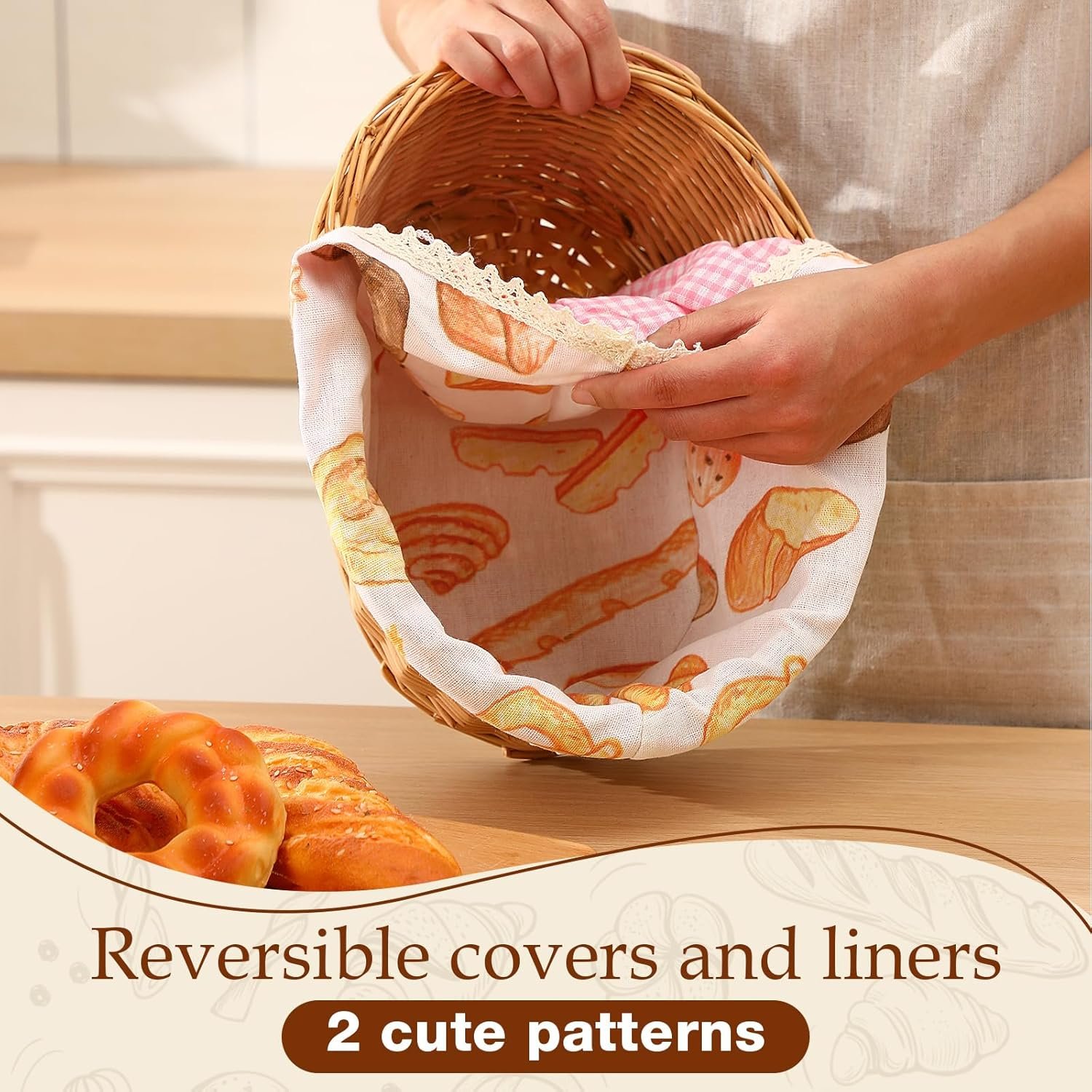 2 Sets Wicker Bread Basket for Serving Set 11 and 12 Inch Sourdough Proofing Woven Bread Baskets with Removable Liner and Tong Fruit Storage Container for Fall Thanksgiving Party(Food Style) - Image 4