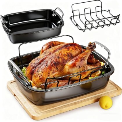 Large Nonstick Roasting Pan Kit with Rack (17x13 Inch) - Includes Baster, Pastry Brush & Twine for Turkey, Chicken, Ham - Even Heating, Easy Clean, Dark Grey (Large-17.2'' x 13.5'')