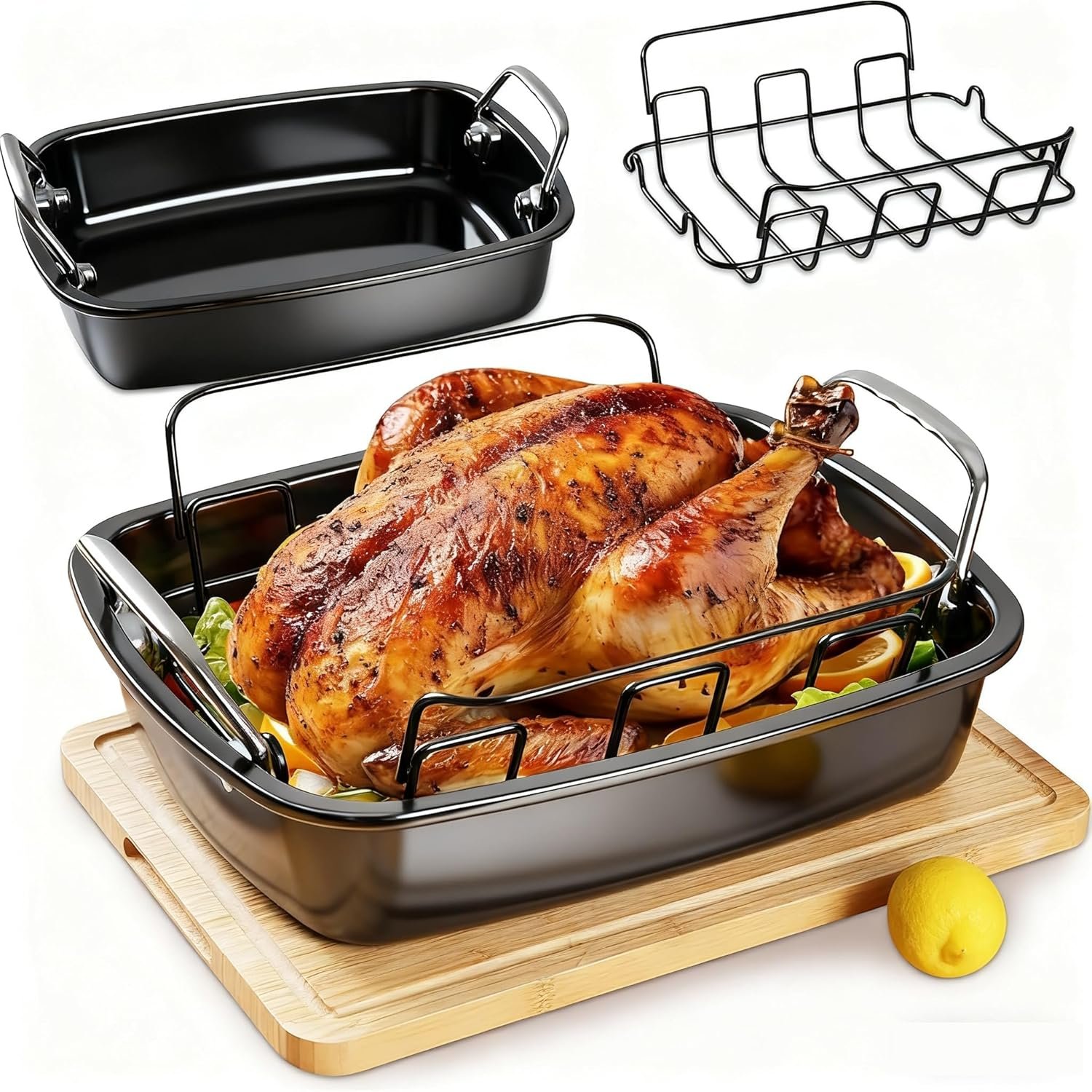 Large Nonstick Roasting Pan Kit with Rack (17x13 Inch) - Includes Baster, Pastry Brush & Twine for Turkey, Chicken, Ham - Even Heating, Easy Clean, Dark Grey (Large-17.2'' x 13.5'')