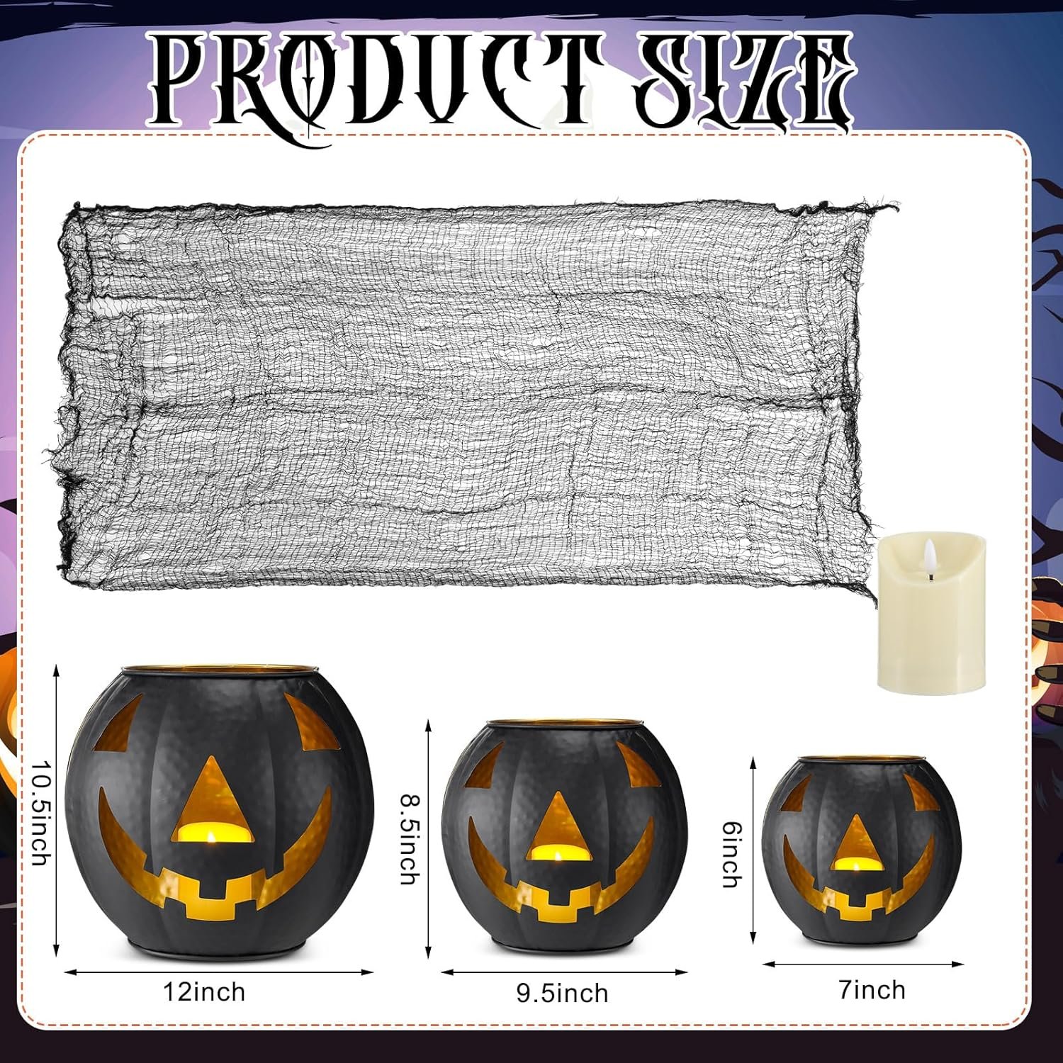 3 Pcs Halloween Metal Jack O Lanterns Pumpkin Set with LED Candles and Black Creepy Cloth Set of 3 Jack O Lantern Halloween Fall Outside or Inside Table Ornaments for Home Festival Party Decor - Image 2