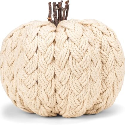 Napco Classic Cream Pumpkin 8 x 8 Cable Knit Polyester Tabletop Holiday Figurine