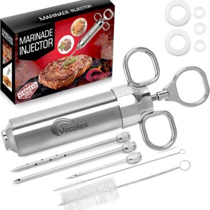304 Stainless Steel Meat Injector Syringe-2 Oz Turkey Injector for Smoking with 3 Needles 3 Brushes-Spare O Rings-Food Injector for BBQ,Turkey & Brisket (Stainless Steel)