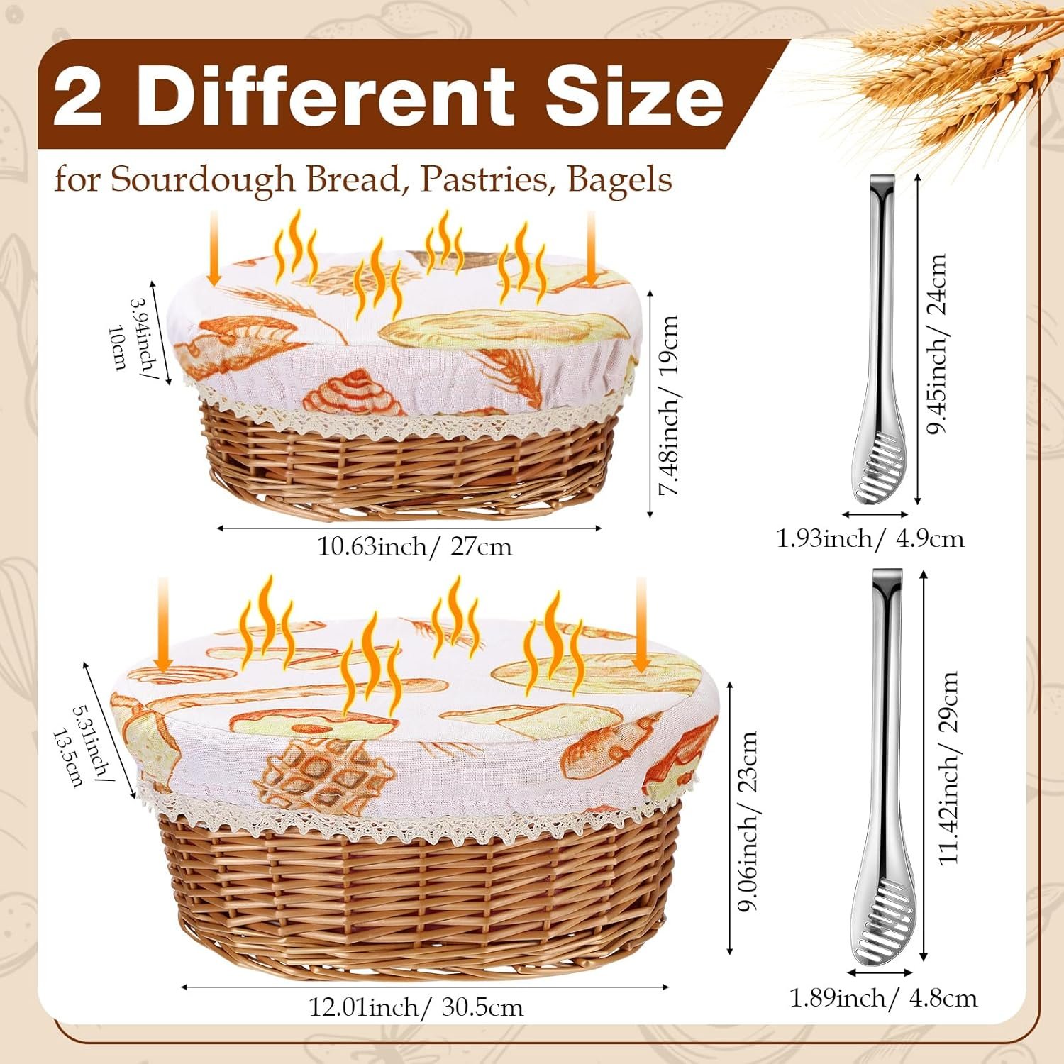 2 Sets Wicker Bread Basket for Serving Set 11 and 12 Inch Sourdough Proofing Woven Bread Baskets with Removable Liner and Tong Fruit Storage Container for Fall Thanksgiving Party(Food Style) - Image 2