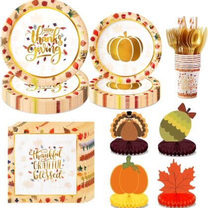 196 PCS Thanksgiving Plates and Napkins Dinnerware Sets, Thanksgiving Paper Disposable Plates for 24 Guests-Napkins, Cups, Tableware, 4 Honeycomb Centerpieces Table Decorations