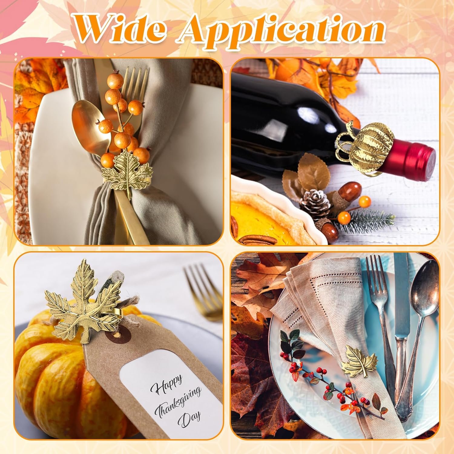 Thanksgiving Napkin Rings Set of 12 Maple Leaf Gold Fall Napkin Rings Holders Buckle Pumpkin Patterns for Thanksgiving Harvest Christmas Daily Home Party Table Decor Wedding Supplies - Image 6