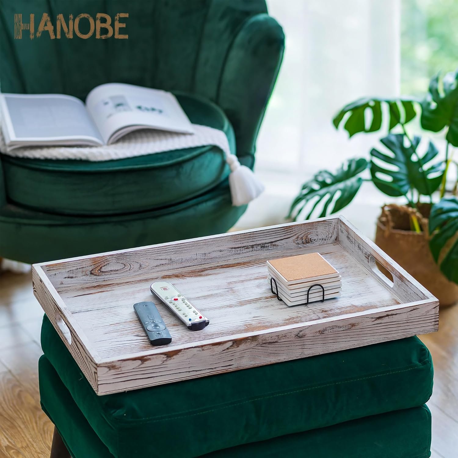 Hanobe Large Serving Ottoman Tray: 22'’ Extra Wood Serving Tray with Handles Rustic White Decorative Coffee Table Trays Farmhouse Home Decor for Living Room Kitchen Counter - Image 5