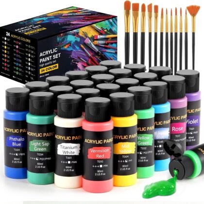 Acrylic Paint Set, 24 Colors (2 oz/Bottle) with 12 Art Brushes, Art Supplies for Painting Canvas, Wood, Ceramic & Fabric, Rich Pigments Lasting Quality for Beginners, Students & Professional Artist