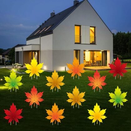 12 PCS Maple Leaf Yard Signs with LED Lights, Fall Leaves Lawn Signs with Stakes, Thanksgiving Autumn Lawn Garden Decorations, Harvest Halloween Party