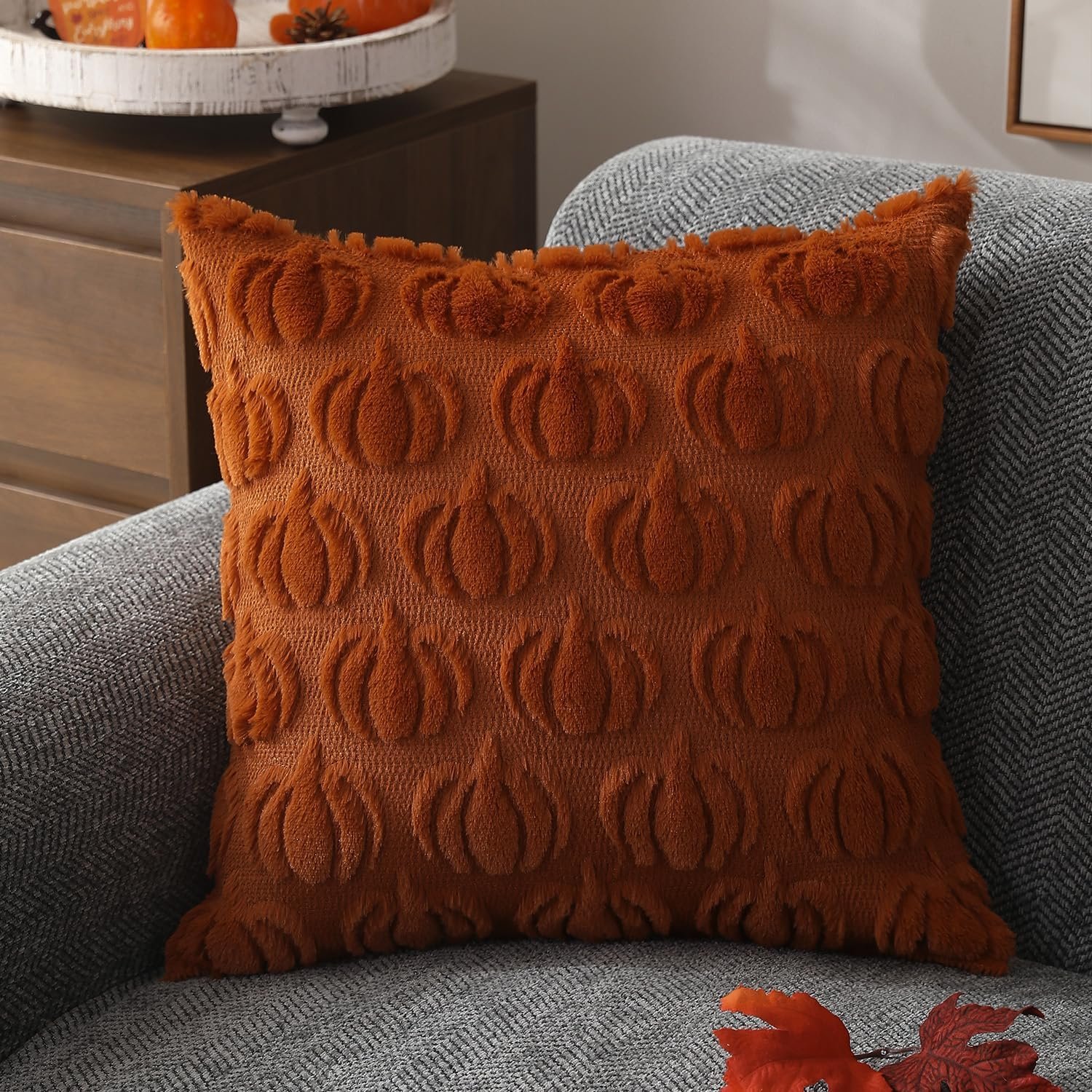 DFXSZ Fall Pillow Covers 18x18 Set of 2 Fall Decorations Autumn Rust Pumpkin Throw Pillow Cases Soft Plush Faux Fur Wool Couch Cushion Case for Chair Sofa Bedroom Living Room Home Decor PTK02A18 - Image 3