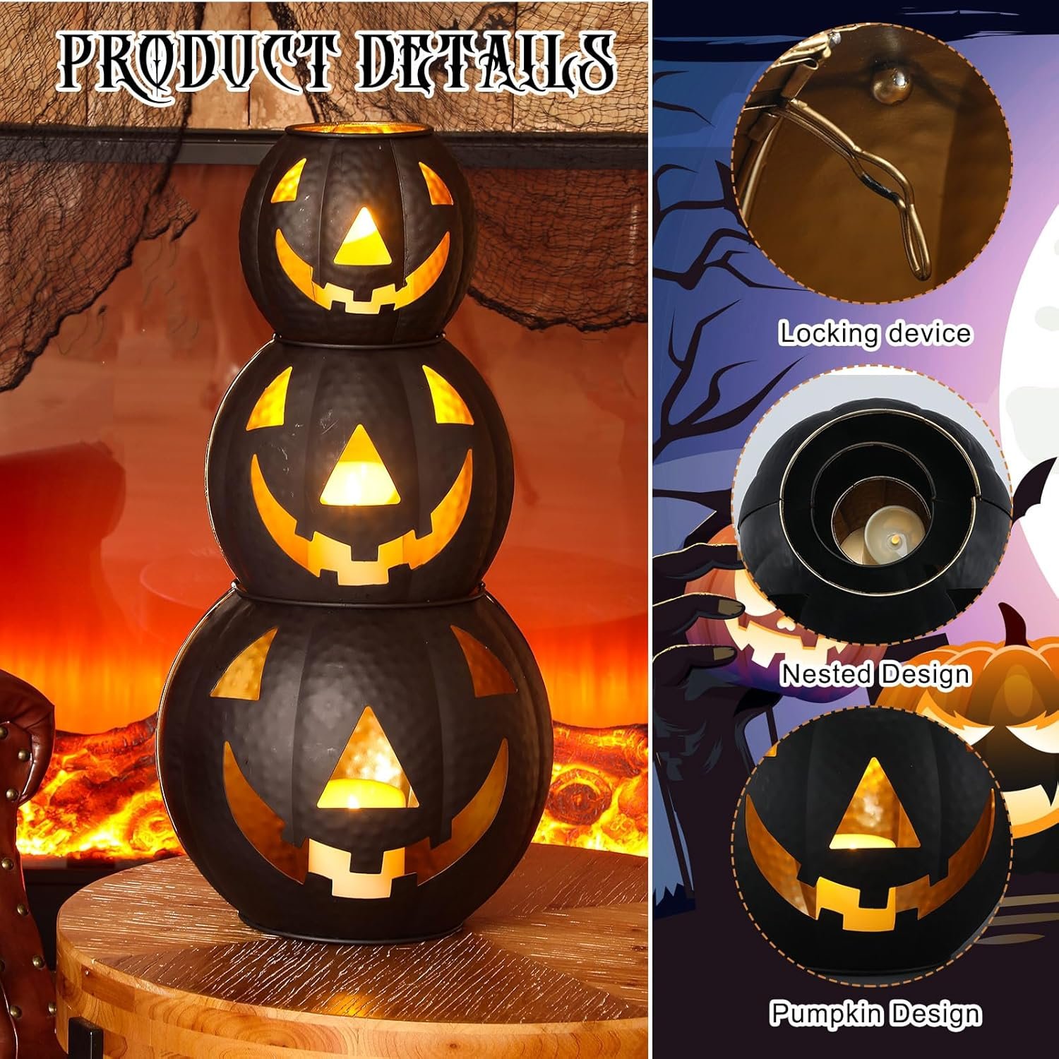 3 Pcs Halloween Metal Jack O Lanterns Pumpkin Set with LED Candles and Black Creepy Cloth Set of 3 Jack O Lantern Halloween Fall Outside or Inside Table Ornaments for Home Festival Party Decor - Image 3