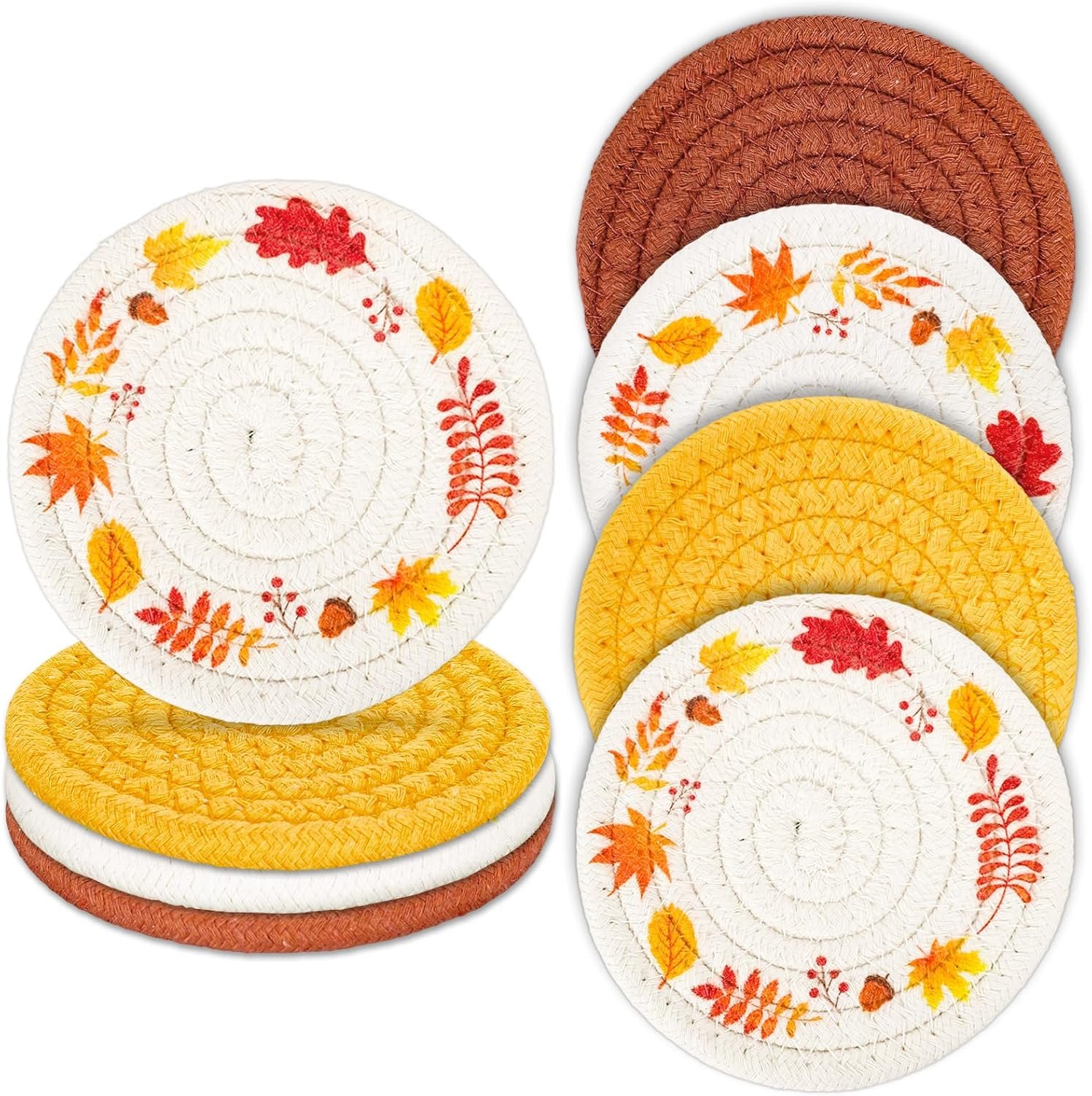 Whaline Fall Thanksgiving Coasters Maple Leaves Handmade Braided Cotton Drink Coasters Orange Yellow Non-Slip Absorbent Cup Mats for Autumn Table Protection Birthday Housewarming Gift Home Decor, 4Pcs