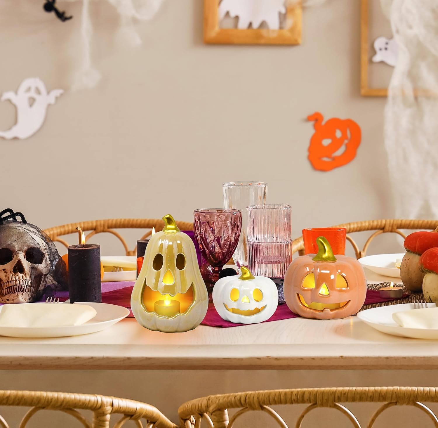 Halloween Ceramic Pumpkin Tea Light Holder Set of 3 Jack O Lanterns Pumpkins Spooky Sculptures Tabletop Decor for Home Holiday Party Decorations - Image 5