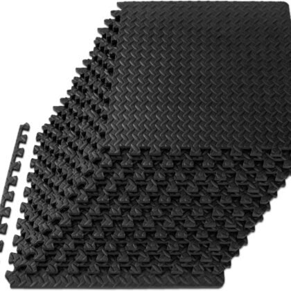 ProsourceFit Puzzle Exercise Mat ½ in, EVA Interlocking Foam Floor Tiles for Home Gym, Mat for Home Workout Equipment, Floor Padding for Kids, Black, 24 in x 24 in x ½ in, 48 Sq Ft - 12 Tiles