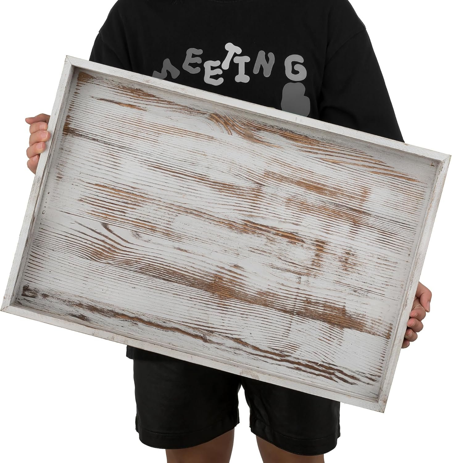 Hanobe Large Serving Ottoman Tray: 22'’ Extra Wood Serving Tray with Handles Rustic White Decorative Coffee Table Trays Farmhouse Home Decor for Living Room Kitchen Counter - Image 6