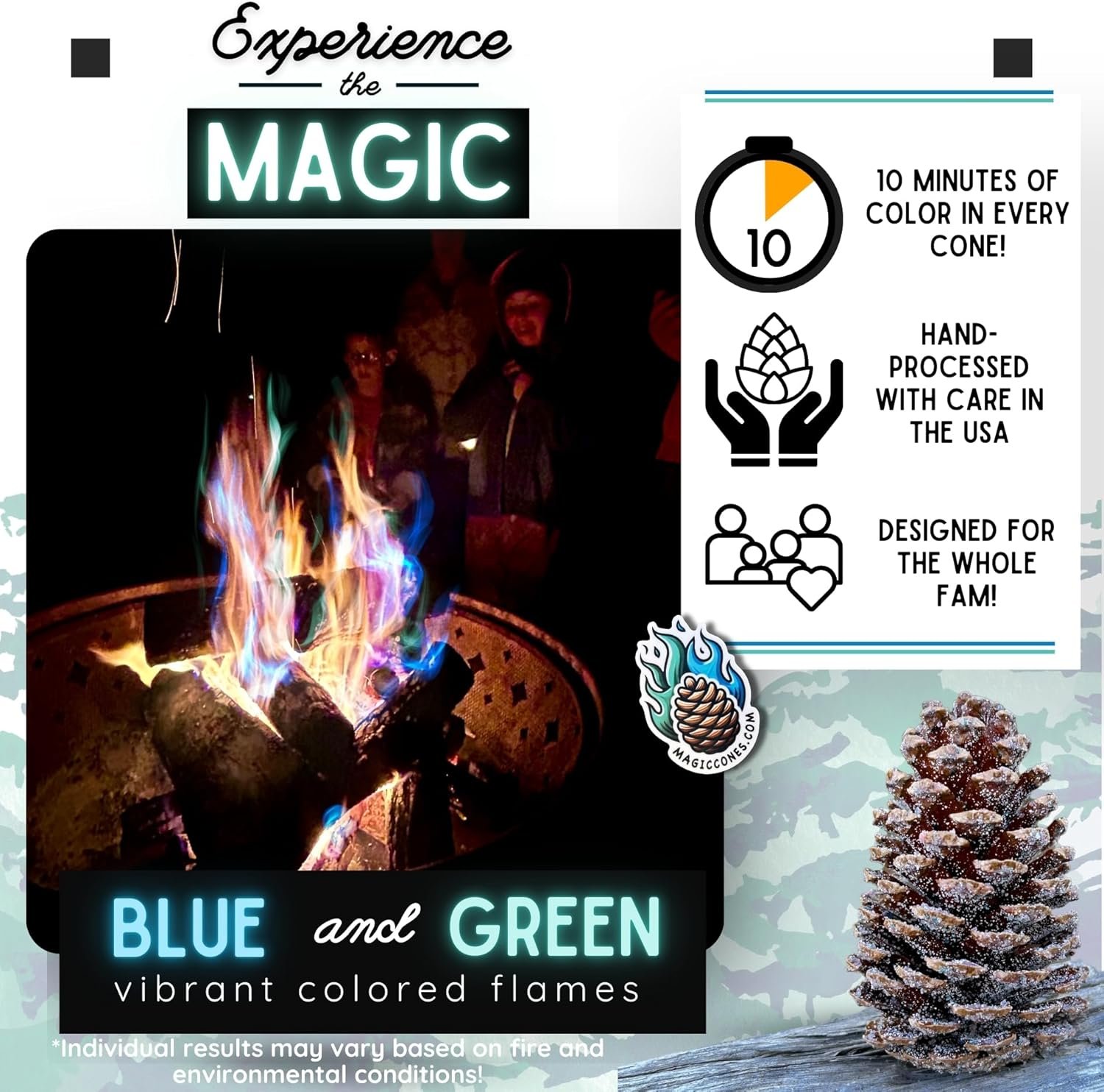 Magic Cones The Weekender Bundle-30 Color-Changing Pine Cones & Fatwood Firestarter Sticks – Perfect for Family Campfires, Bonfires, and Backyard Gatherings – USA-Made, and Fun Fire Enhancer Set (1) - Image 2