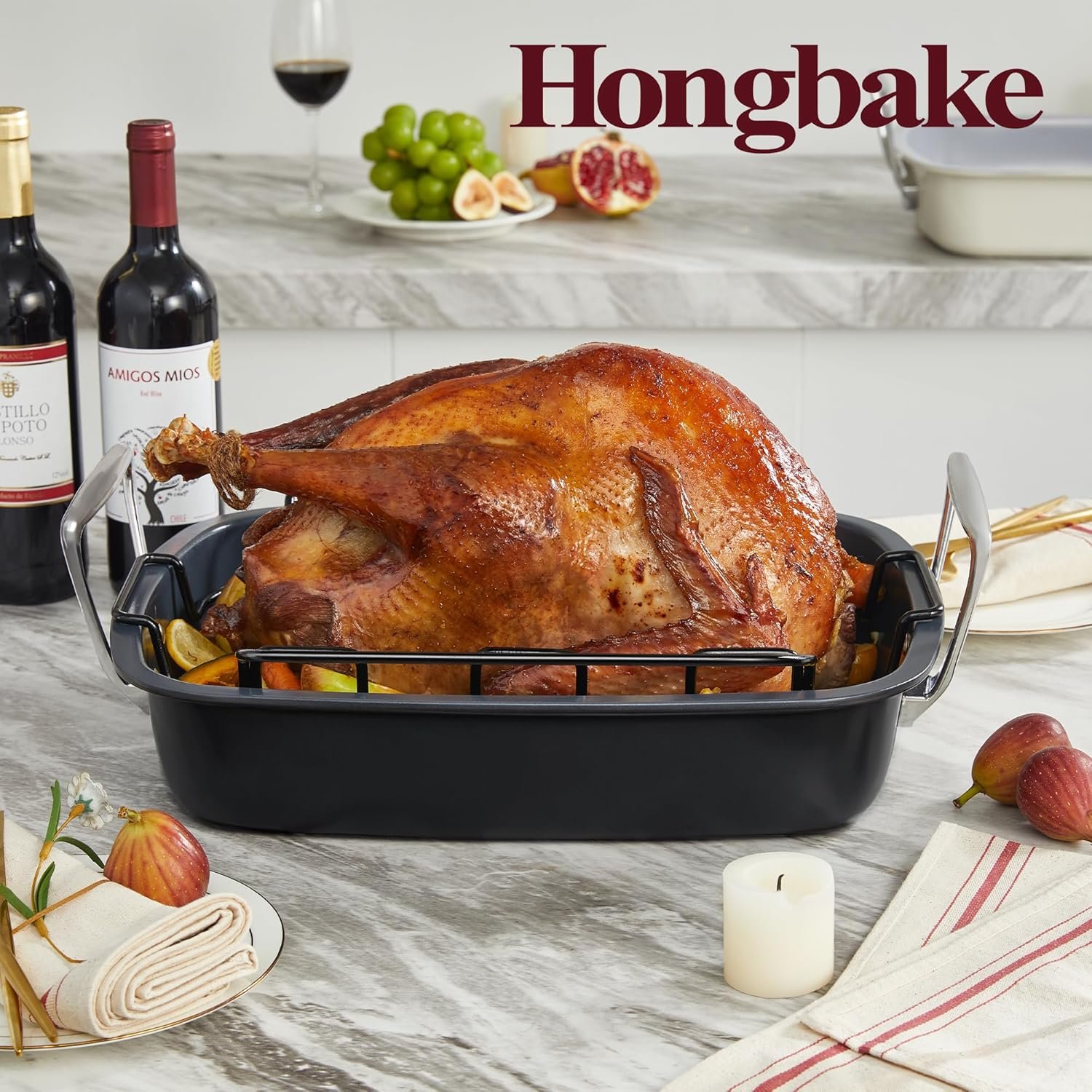 HONGBAKE Extra Large Turkey Roasting Pan with Rack (U-Shaped), 18.7×13.6 Inch Nonstick Roaster Pan for 25 lb Turkey & Chicken, Deep Turkey Tray for Oven, Wider Handles, 0.8 mm Heavy Duty Steel, Gray - Image 7