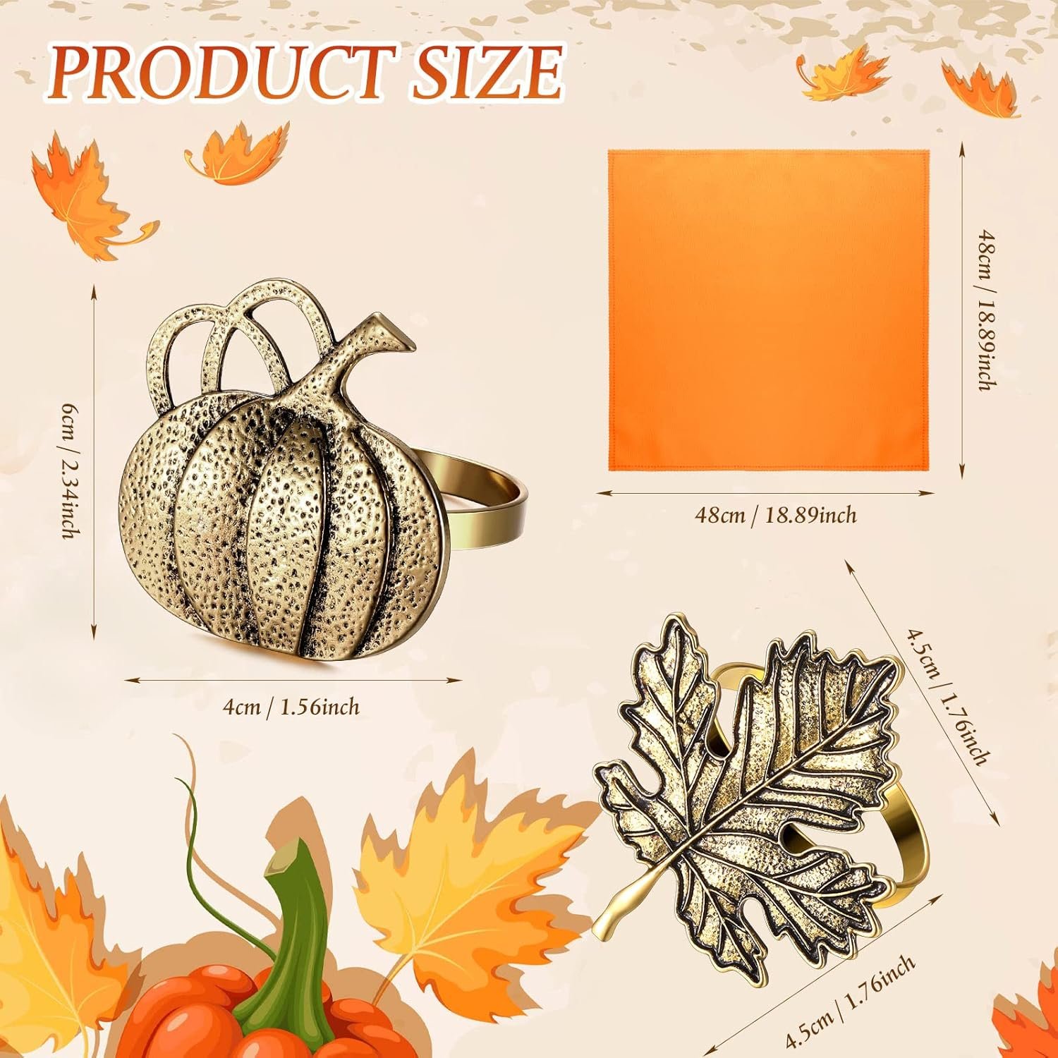 12 Pieces Thanksgiving Fall Napkin Rings Set, Include 6 Pieces Pumpkin Maple Leaf Napkin Rings with 6 Pieces Solid Color Dinner Napkins for Thanksgiving, Dinner Parties, Weddings (Retro) - Image 4