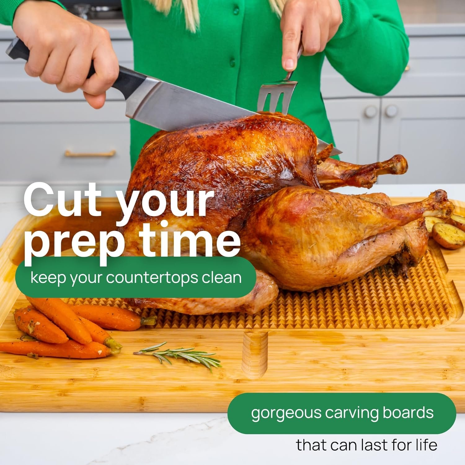 GREENER CHEF 24 Inch 2XL Organic Meat Carving Board with Lifetime Replacements - Wooden Butcher Block with Pour Spout, Turkey Platter for Holidays, Meat Cutting Board - Image 6