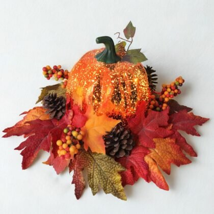 Lighted Pumpkin Fall Decor – LED Thanksgiving Decoration with Faux Maple Leaves, Berries, and Pinecones, Autumn Harvest Centerpiece for Table, Indoor and Outdoor Home Display
