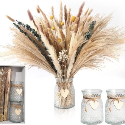 149 Pcs Dried Pampas Grass Decor Dining Table Centerpiece with 2 Pcs 6.3in Vase DIY Boho Decor Natural Dried Pampas Grass for Home Decor Birthday Party Thanksgiving Christmas Weddings Decor