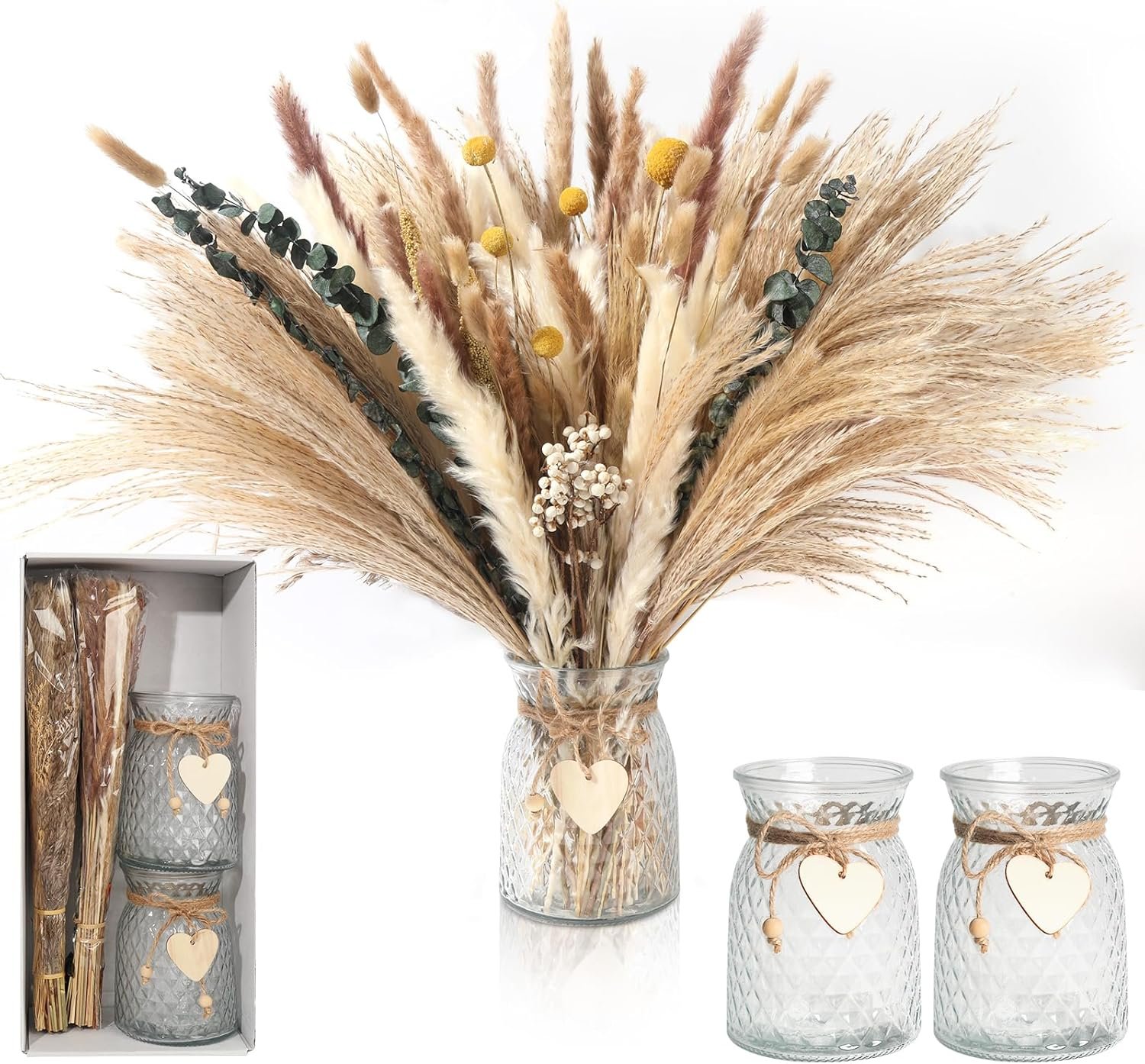 149 Pcs Dried Pampas Grass Decor Dining Table Centerpiece with 2 Pcs 6.3in Vase DIY Boho Decor Natural Dried Pampas Grass for Home Decor Birthday Party Thanksgiving Christmas Weddings Decor