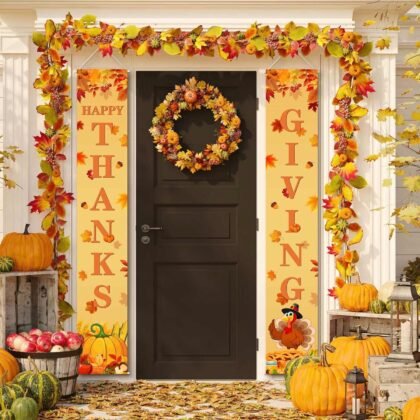 MEHOFOND Thanksgiving Banner, Door Mount, Fall Pumpkin Maple Leaves Door Decorations, Board Wall Hanging Farmhouse Supplies, Pumpkin Porch Decorations Outdoor for Home Office Holiday