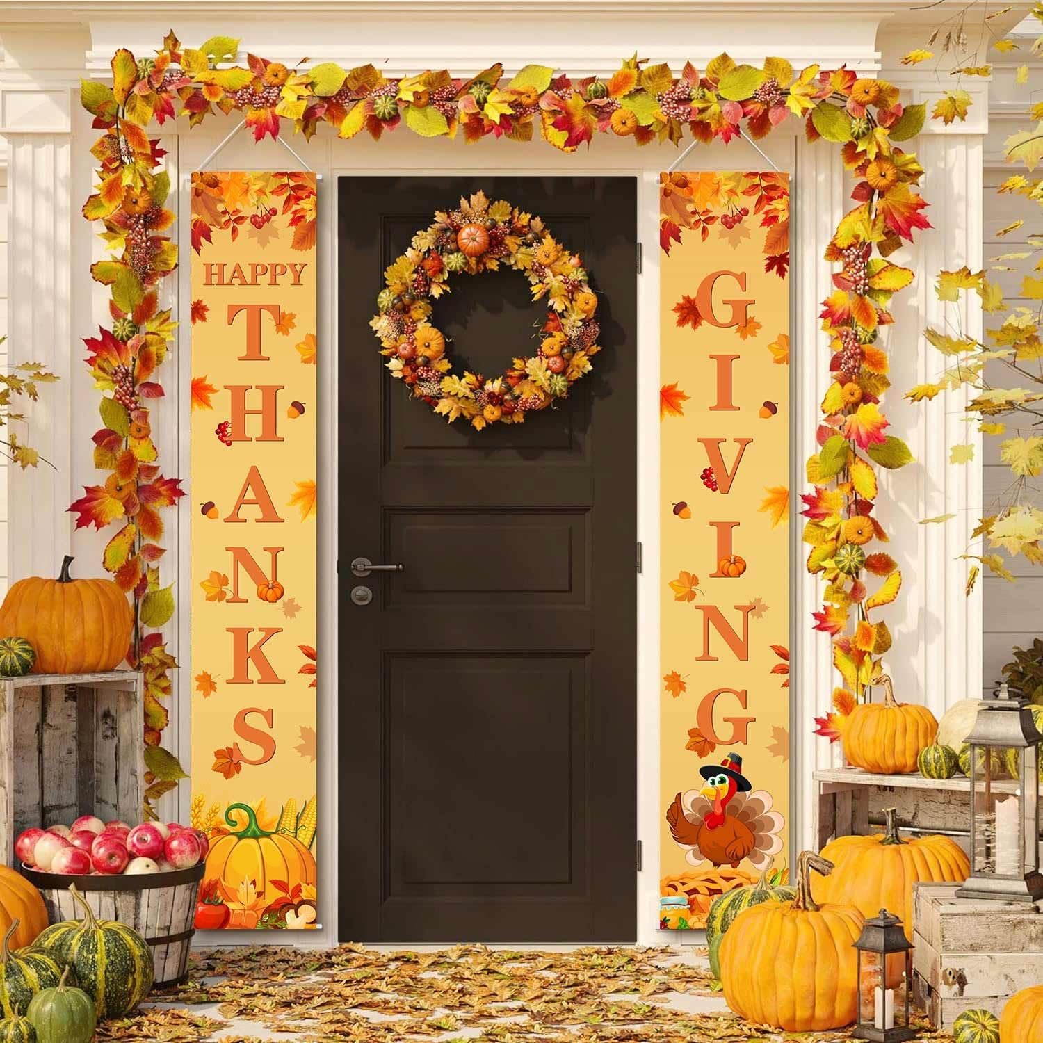 MEHOFOND Thanksgiving Banner, Door Mount, Fall Pumpkin Maple Leaves Door Decorations, Board Wall Hanging Farmhouse Supplies, Pumpkin Porch Decorations Outdoor for Home Office Holiday