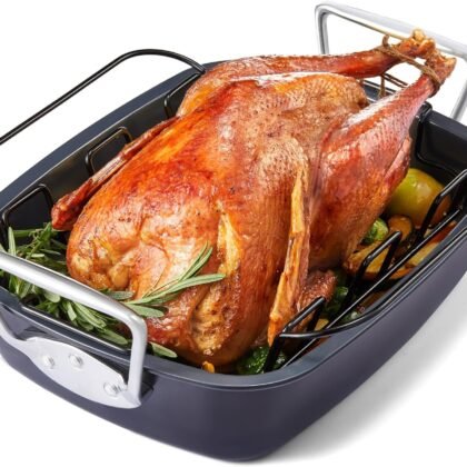 HONGBAKE Extra Large Turkey Roasting Pan with Rack (U-Shaped), 18.7×13.6 Inch Nonstick Roaster Pan for 25 lb Turkey & Chicken, Deep Turkey Tray for Oven, Wider Handles, 0.8 mm Heavy Duty Steel, Gray