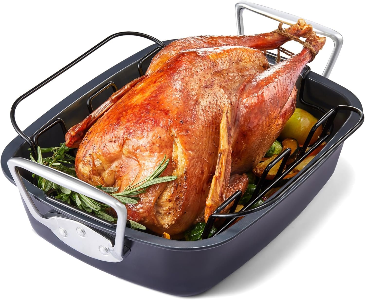 HONGBAKE Extra Large Turkey Roasting Pan with Rack (U-Shaped), 18.7×13.6 Inch Nonstick Roaster Pan for 25 lb Turkey & Chicken, Deep Turkey Tray for Oven, Wider Handles, 0.8 mm Heavy Duty Steel, Gray