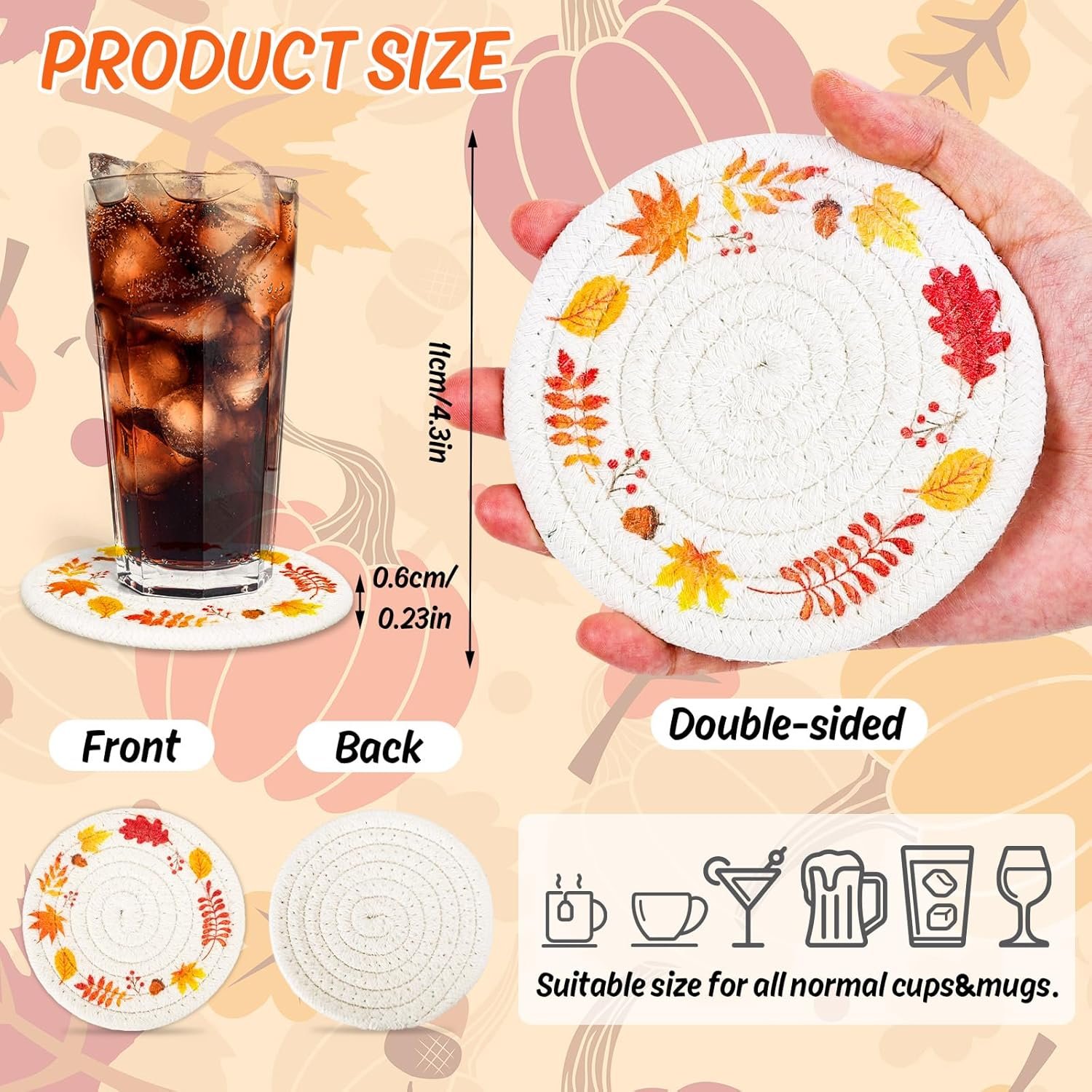Whaline Fall Thanksgiving Coasters Maple Leaves Handmade Braided Cotton Drink Coasters Orange Yellow Non-Slip Absorbent Cup Mats for Autumn Table Protection Birthday Housewarming Gift Home Decor, 4Pcs - Image 2