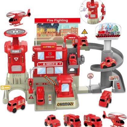 deAO Fire Station with Fire Truck Set Firefighting Playset Pretend Play Toy with Car, Helicopter and Accessories, Preschool Learning Educational Toys for Toddllers