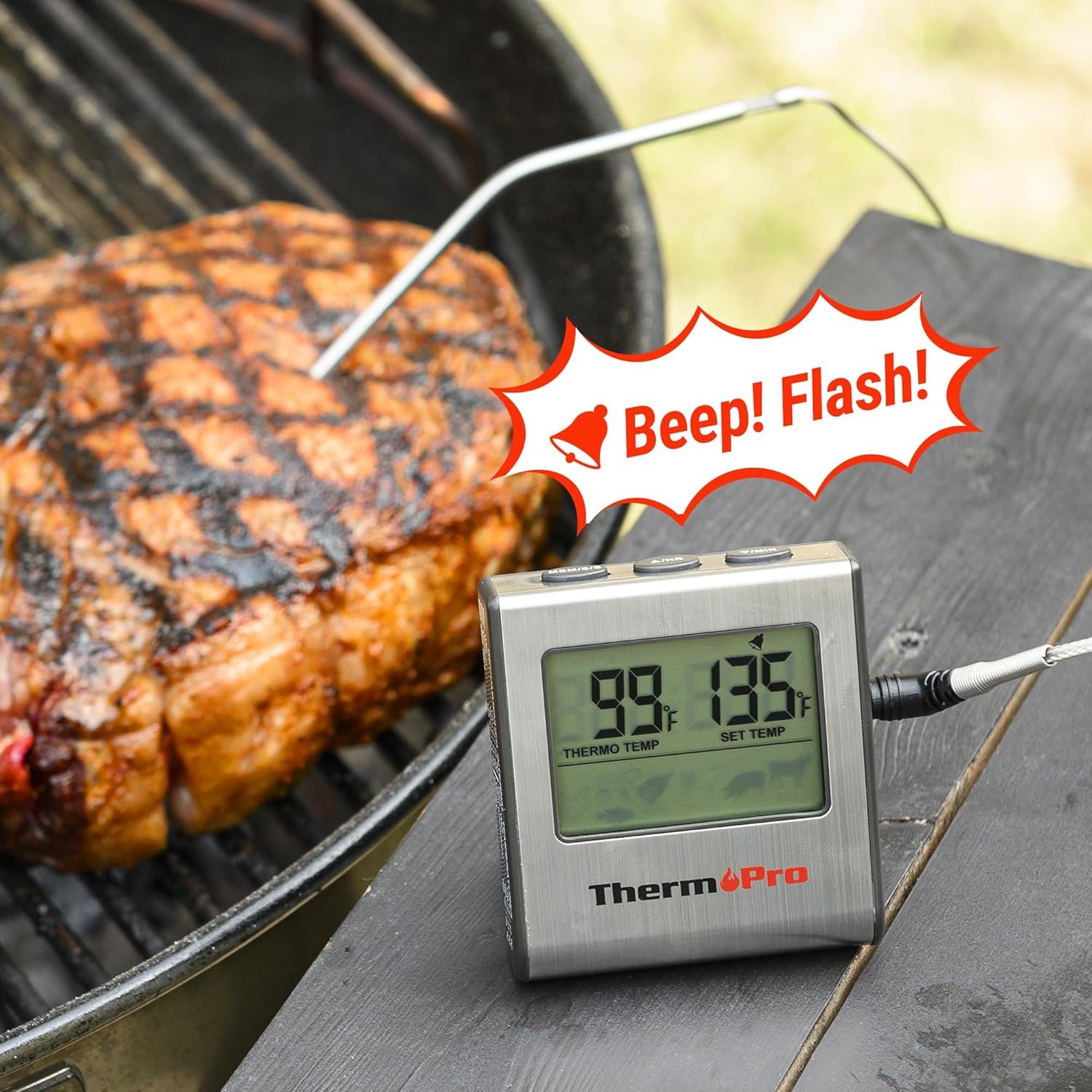 ThermoPro TP16 Large LCD Digital Cooking Food Meat Thermometer for Smoker Oven Kitchen BBQ Grill Thermometer Clock Timer with Stainless Steel Temperature Probe - Image 9