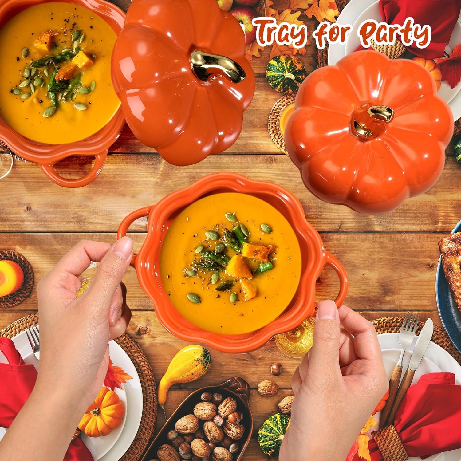 Yaomiao 6 Pcs Pumpkin Ceramic Bowl 15 oz Pumpkin Soup Bowl Pumpkin Shape Storage Jar with Lid and Handles for Home Halloween Party Kitchen Tableware(Orange) - Image 3