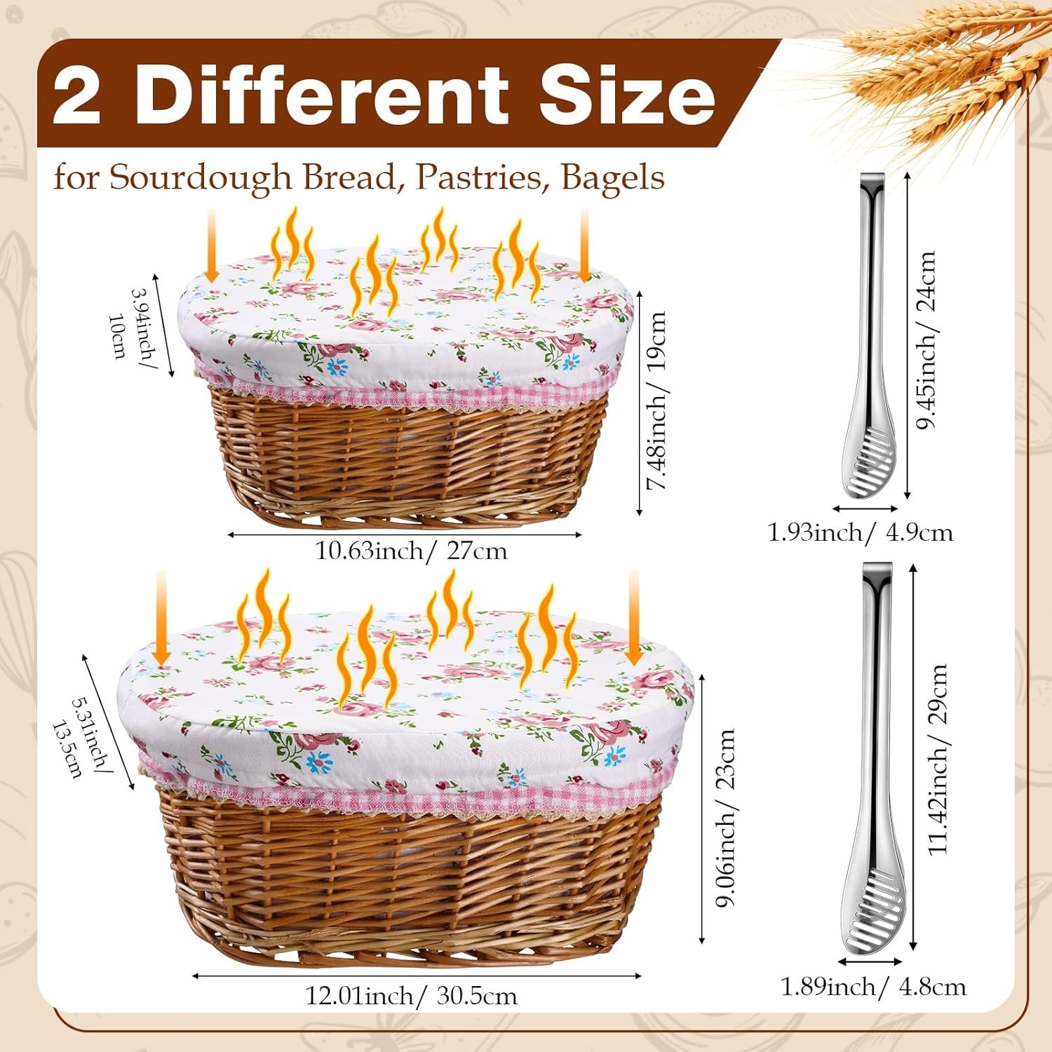 2 Sets Wicker Bread Basket for Serving Set 11 and 12 Inch Sourdough Proofing Woven Bread Baskets with Removable Liner and Tong Fruit Storage Container for Fall Thanksgiving Party(Fresh Style) - Image 2